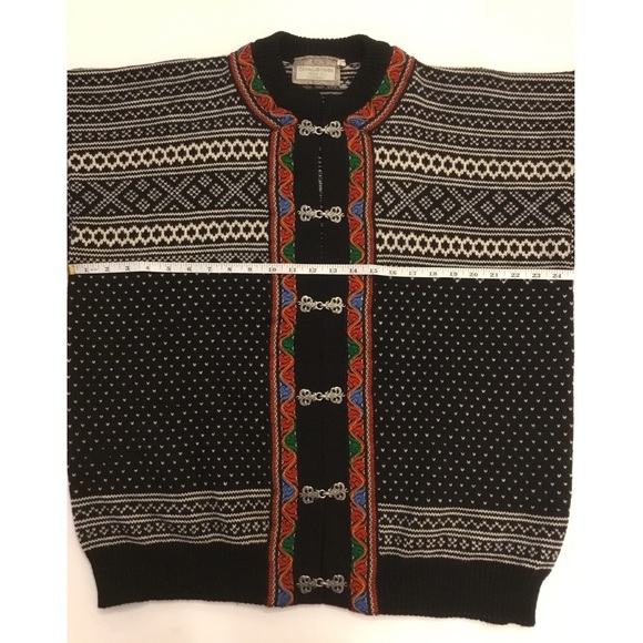 Norlaender - VTG Black/Cream Nordic Style Wool Cardigan Jacket  Sz L Wom… - Picture 3 of 12